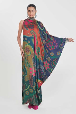 Siddhartha Bansal Paisley Print Sequin One-Shoulder Maxi Dress 