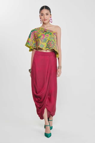Siddhartha Bansal Floral Embroidered One-Shoulder Top & Skirt Set 