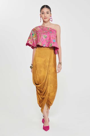 Siddhartha Bansal One-Shoulder Embroidered Top & Draped Skirt 