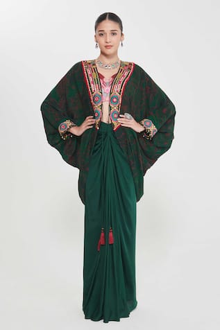 Siddhartha Bansal Embroidered Border Shrug & Draped Skirt Set 