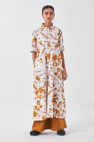 Three Floral Print Elbow Sleeves Shirt Dress 