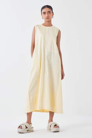 Three Butter Yellow Striped Applique Midi Dress 