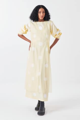 Three Butter Yellow Polka Midi Dress With Inner 