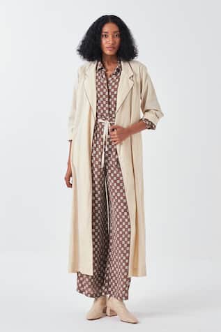 Three Ivory Floral Drawstring Long Jacket 