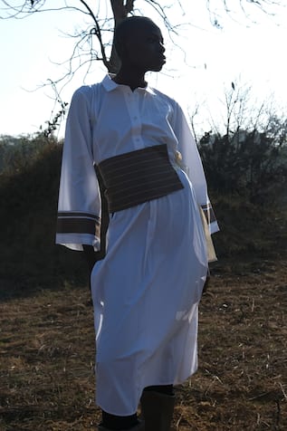 Three White Slit Panel Collared Kurta 