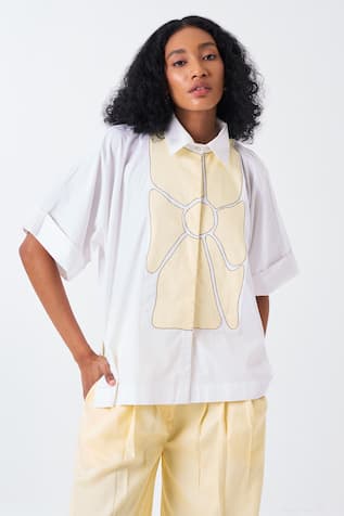 Three Floral Applique White Shirt 