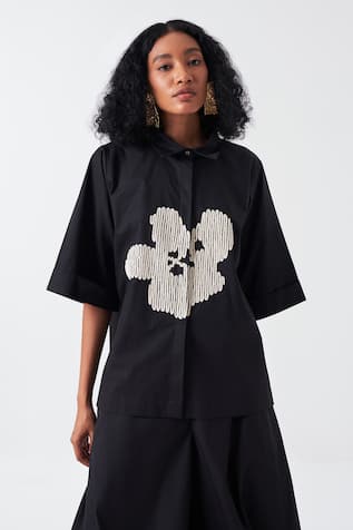 Three Black Floral Embroidered Shirt 