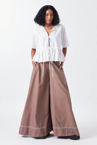 Three White Front Tie Top & Cedar Brown Palazzo Set 