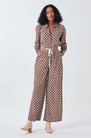 Three Brown Brick Print Shirt & Pant Set 