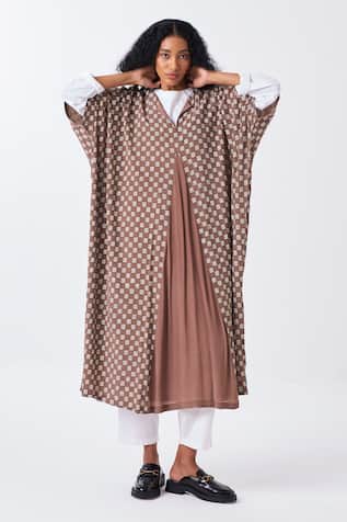Three Brown Brick Print Kaftan & Pant Set 