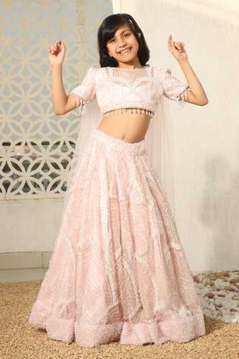 FAYON KIDS Peach Cutdana Sequin Embroidered Lehenga Set 