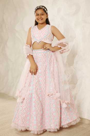FAYON KIDS Pink Mirror Embroidered Lehenga Set 
