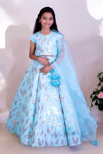 FAYON KIDS Blue Sequin Embroidered Lehenga Set 