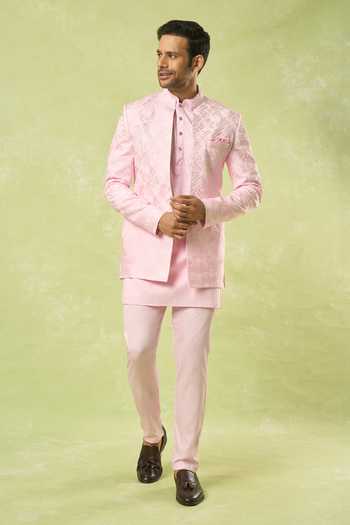 Spring Break Geometric Embroidered Pink Bundi & Kurta Set 