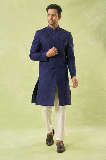 Spring Break Navy Blue Thread Embroidered Sherwani Set 