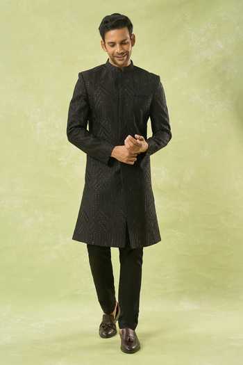 Spring Break Geometric Embroidered Black Sherwani Set 
