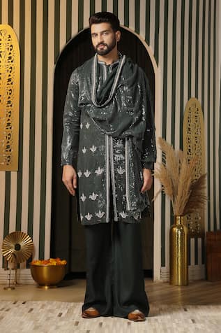Sequin Embellished Green Kurta Set 