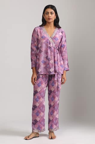 Trendy tokari Checkered Purple Wrap Top & Pant Set 