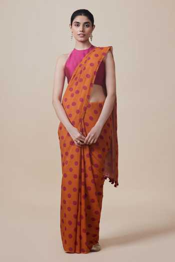 Dressfolk Polka Pattern Pre-Draped Saree with Running Blouse 