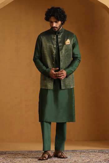 Weaver Story Green Striped Chanderi Bundi Kurta Set 