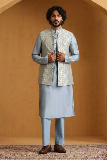 Weaver Story Geometric Woven Bundi Kurta Set 