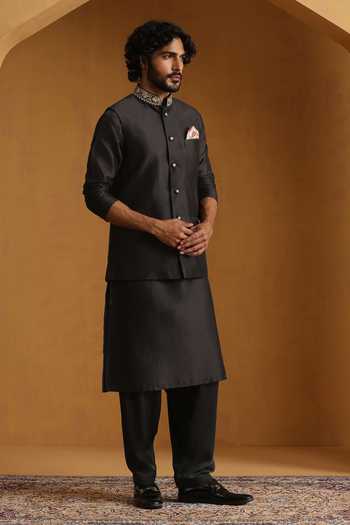 Weaver Story Zardozi Embroidered Black Bundi Kurta Set 