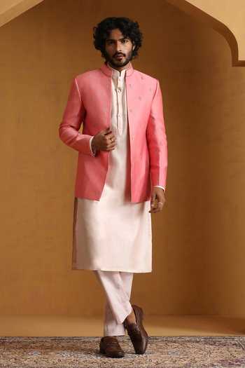 Weaver Story Pink Embroidered Chanderi Bandhgala Kurta Set 
