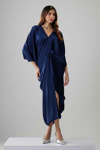 NA-KA Navy Blue Draped Midi Dress 