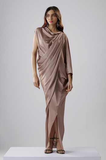 NA-KA Beige Draped Slit Gown 