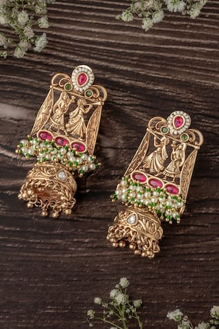 Gold Folklore Carved Jhumka Earrings 