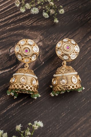 Gold Stone Embellished Jhumka Earrings 