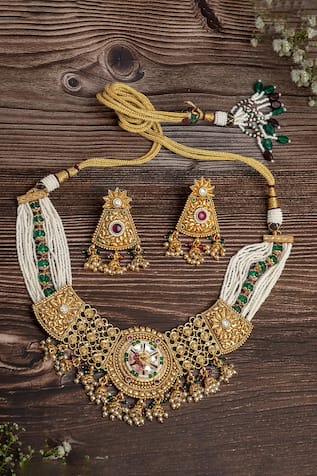 Gold Ornate Blossom Choker Necklace Set 