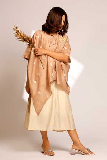 Eeda Asymmetric Chanderi Shirt with Rose Patch 