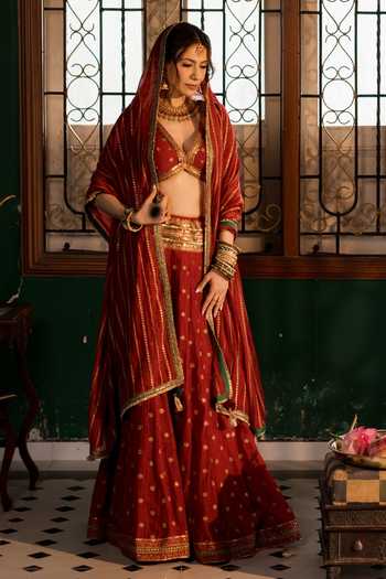 Nimbu Mirchi Floral Motifs Hand Embroidered Lehenga Set 