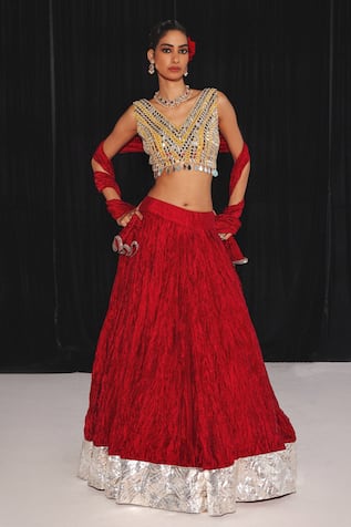 Twenty Nine Crushed Lehenga Set with Mirror Embroidery 