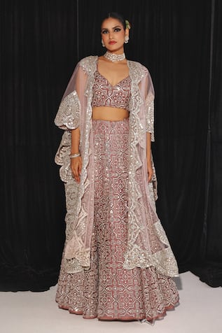 Twenty Nine Spade Mirror Bloom Embroidered Cape & Lehenga Set 