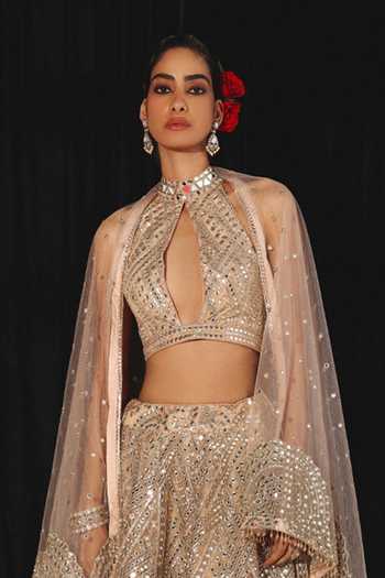 Twenty Nine Peach Mirror Jaal Embroidered Halter Neck Blouse 