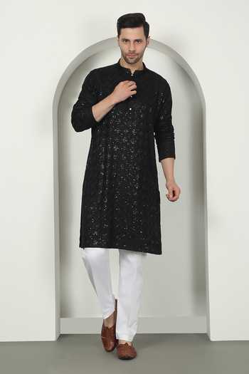Aham-Vayam Black Thread Embroidered Kurta Set 