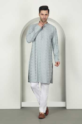 Aham-Vayam Pastel Grey Embroidered Kurta Set 