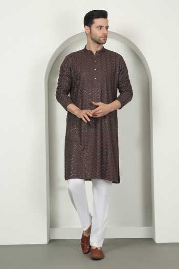 Aham-Vayam Chevron Embroidered Brown Kurta Set 