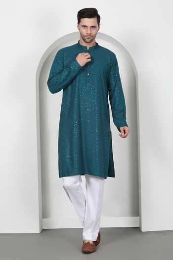 Aham-Vayam Teal Green Embroidered Kurta Set 