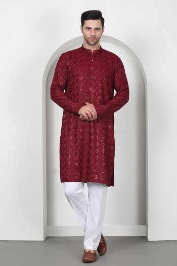 Aham-Vayam Red Sequin Embroidered Kurta Set 