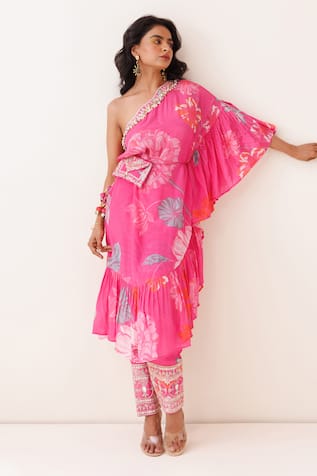 Kisakshi Jaipur Floral Frilled One Shoulder Kurta Set 