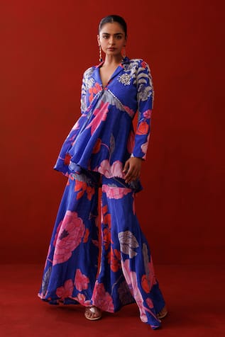 Kisakshi Jaipur Floral Embellished Peplum Blazer & Sharara Set 