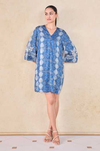 Grassroot By Anita Dongre Geometric Print Blue Dress 
