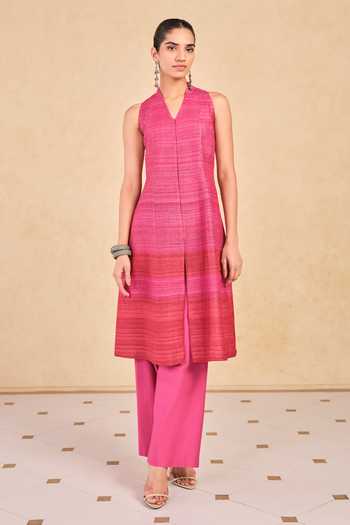 Grassroot By Anita Dongre Halter Neck Textured Pink Kurta & Palazzo Set 