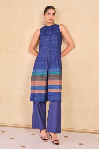 Grassroot By Anita Dongre Blue Textured Stripe Kurta Set 