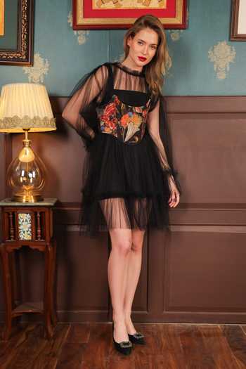 Label Muslin Ruffle Sheer Dress With Floral Corset 