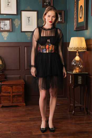 Label Muslin Sheer Ruffle Dress With Floral Corset 