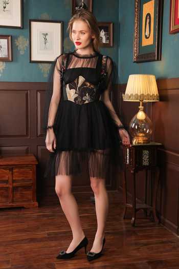 Label Muslin Black Ruffled Corset Dress 